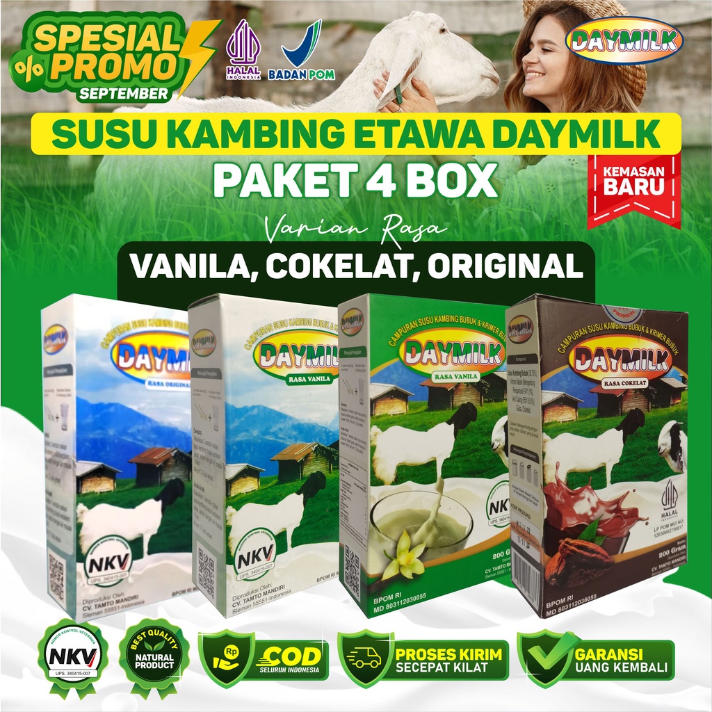 

SUSU DAYMILK 4 BOX Rasa Original Cokelat Vanila Susu Kambing Etawa Premium 200gr Halal BPOM