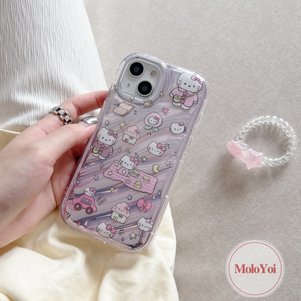 Casing Tombol Ponsel Digital Kartun Hello Kitty Vintage Kompatibel Untuk IPhone XR XS X Max 7Plus 7 6 8 6S Plus 11 13 14 12 Pro Max SE 2020 Kartu Laser Korgasi Stereo 3D Soft Cover