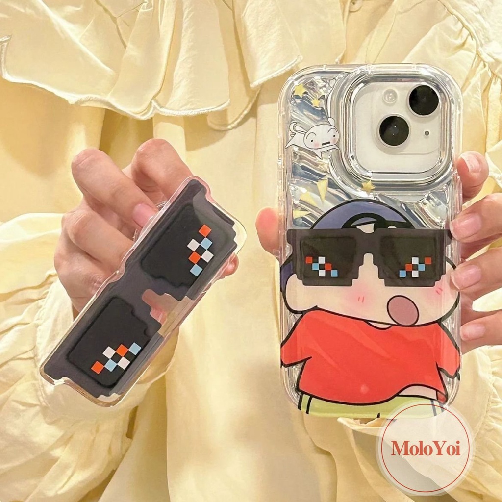 Dazzle Color 3D Stereo Corrugation Case Kompatibel Untuk IPhone 7Plus XR XS X Max 6 6S 8plus11 14 12 13 Pro Max SE 2020kacamata Hitam Keren Crayon Shin-Chan Kartu Laser Mewah Soft Case