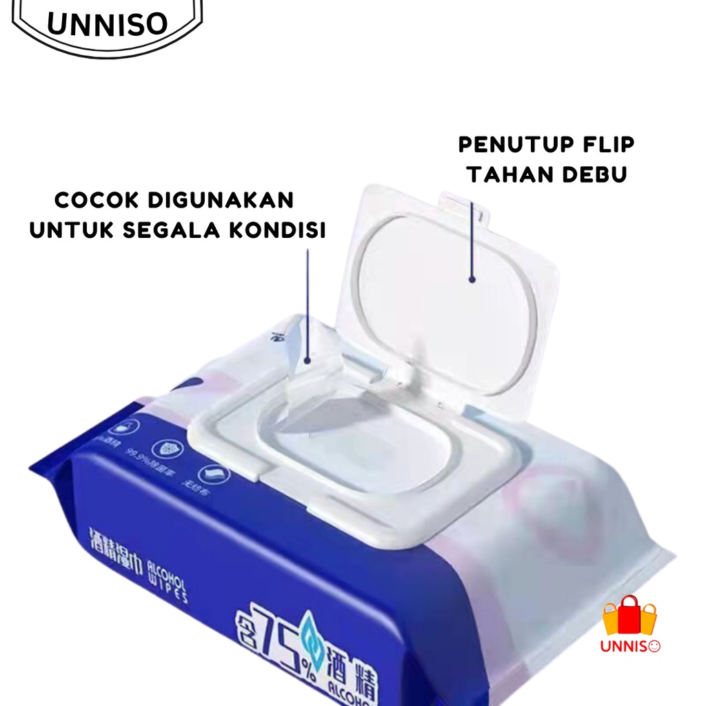 UNNISO - Tissue Basah Alkohol 75% Antiseptik Anti Bakteri Kuman Isi 80 Lembar