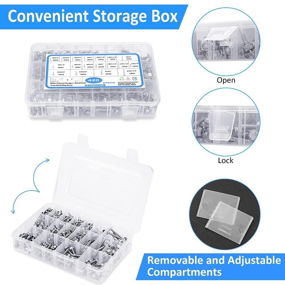 Populer 420pcs Sekrup Bor Diri Screw Bundle Silver Hex Washer Head #8#10kit Aneka Sekrup Untuk Bangunan Dan Perbaikan