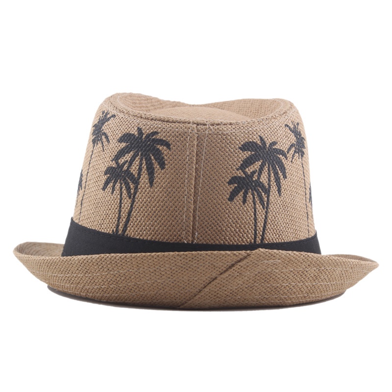 Topi Jazz Pria Palm Print Coconut Curly Straw hat Liburan Topi Matahari Pantai