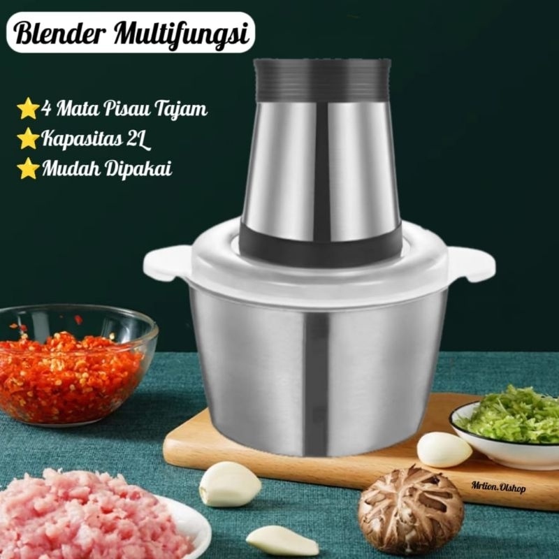JT - Chopper Blender Daging Bumbu Sayuran Penggiling Meat Blender Elektrik Stainless 2L