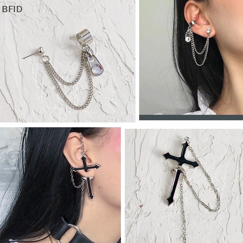 [BFID] Anting Fashion Punk Hitam Salib Drop Untuk Remaja Vintage Rock Pride Rantai Panjang [ID]