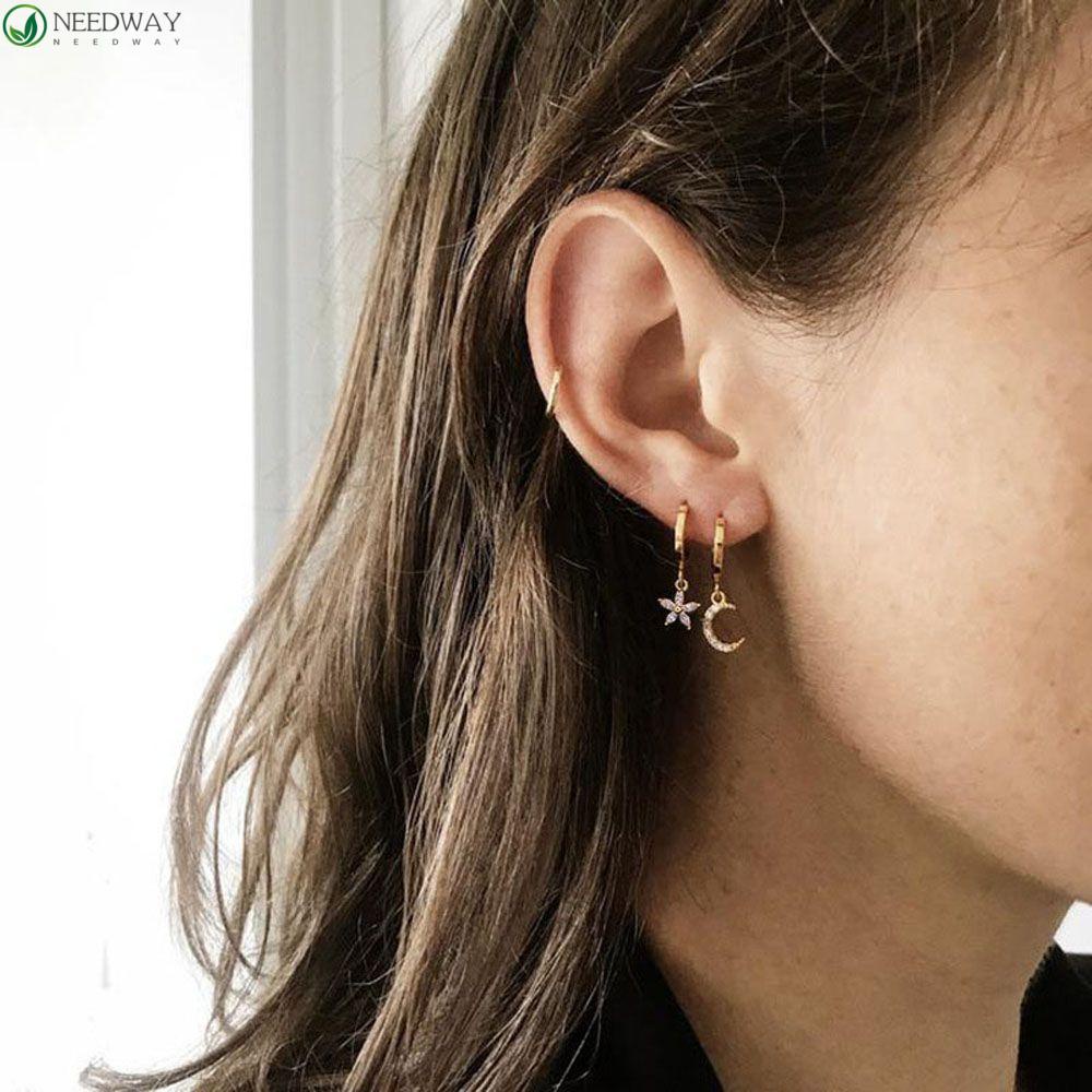 Needway Menjuntai Anting Bulat Warna Emas/ Perak Bunga Bintang Cinta Hati Aksesoris Fashion Hoop Earing