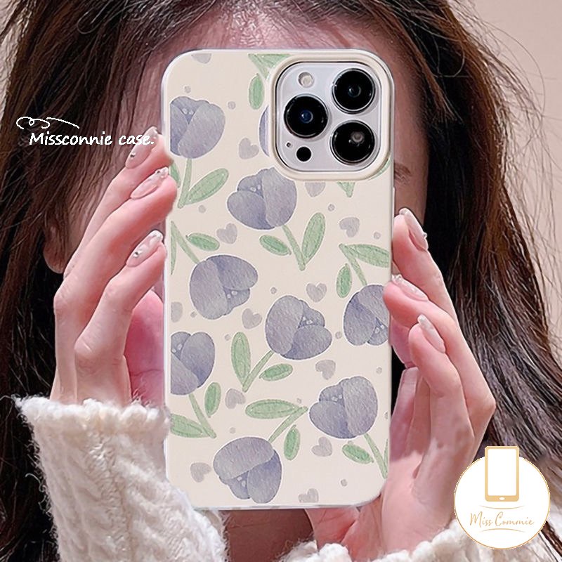 Ins Fashion Gaya Korea Glossy Phone Case Kompatibel Untuk IPhone 7Plus XR 11 14 13 12 Pro Max X XS Max7 8 Plus Se2020Musim Panas Lukisan Minyak Tulip Halus Shockproof Soft Cover