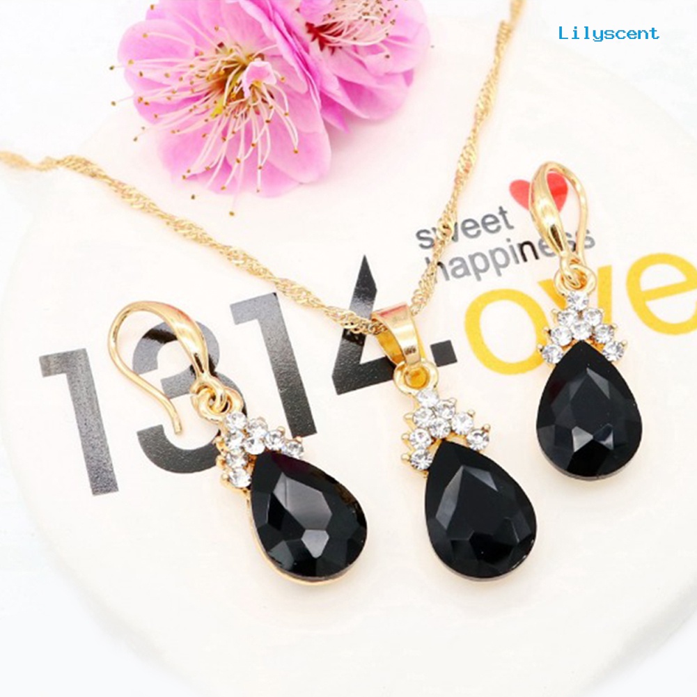 [LS]Vintage Teardrop Berlian Imitasi Wanita Set Perhiasan Kalung Kait Anting Liontin