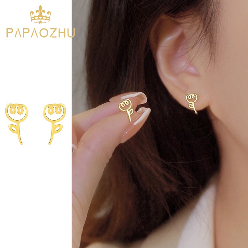 Papaozhu Korea Glossy Emas Lucu Kecil Tulip Stud Anting Untuk Wanita Perempuan Trendi Kecil Bunga Anting Fashion Telinga Perhiasan