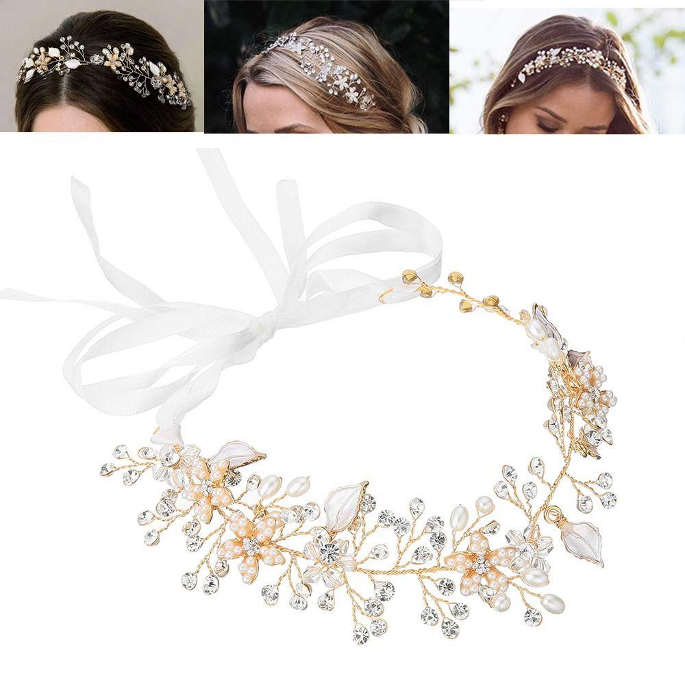Lily Pearl Hair Vine, Aksesoris Rambut Bando Pengantin Wanita, Perhiasan Tiaras Berlian Imitasi Buatan Handmade Leaf Flower Hair Band Untuk Anak Perempuan