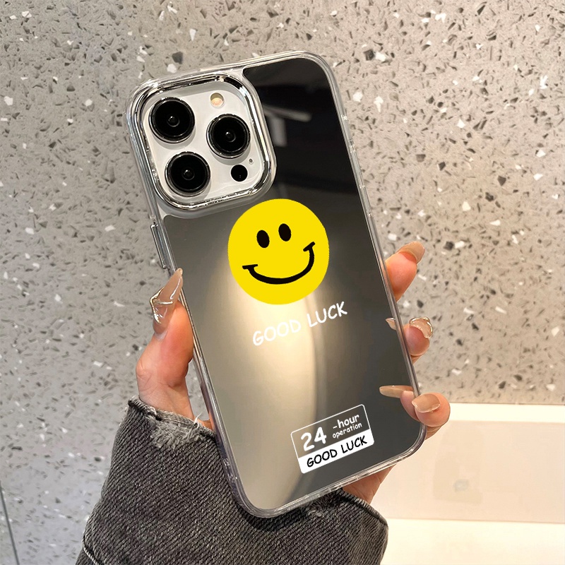 IPHONE Good Luck Smile Emoji Mirror Phone Case Kompatibel Untuk Iphone11 12 13 14 12Pro 13Pro 14Pro Pro Max XR X XS Max Electroplating Tombol Perlindungan Mirror Cover