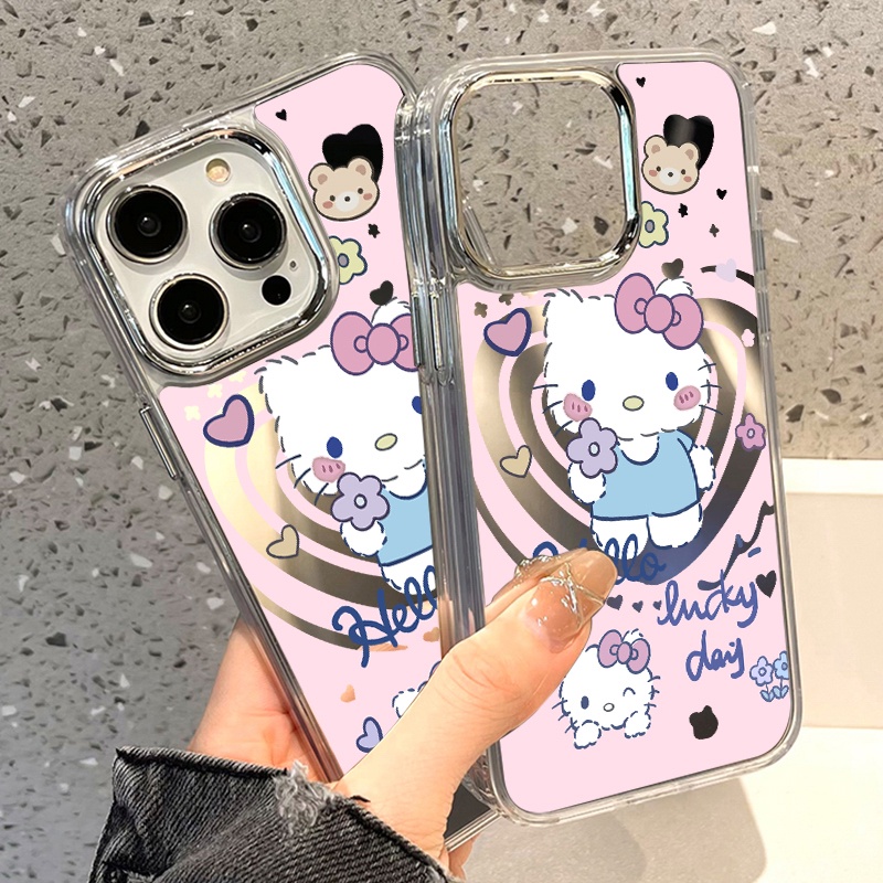 IPHONE Casing Ponsel Cermin Kucing Kitty Lucu Kompatibel Untuk Iphone11 12 13 14 12Pro 13Pro 14Pro Pro Max XR X XS Max Electroplating Tombol Perlindungan Mirror Cover