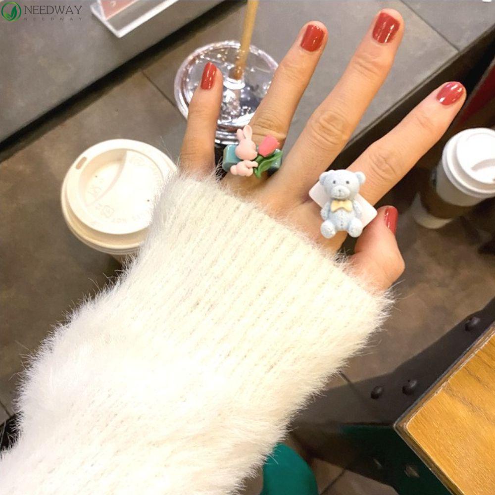 NEEDWAY Cincin Jari Lucu Manis Fashion Match Pesta Perhiasan Akrilik Vintage Gaya Korea Ring