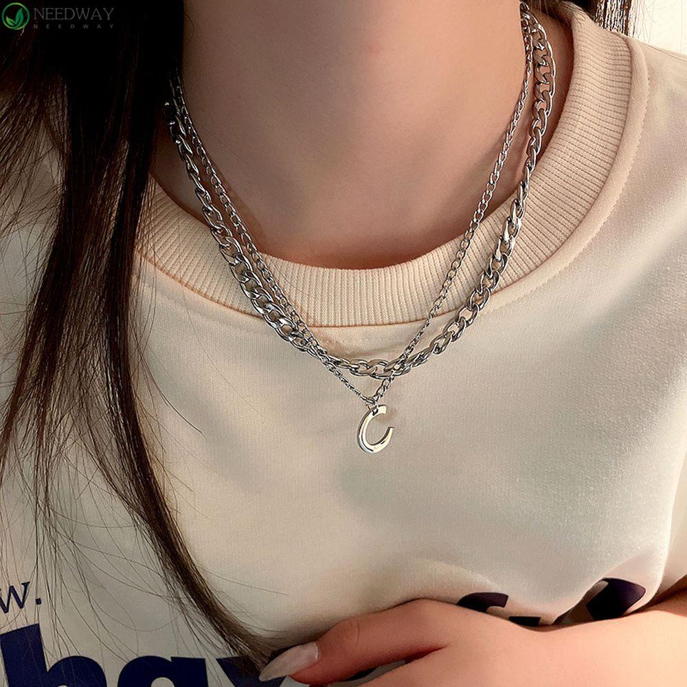 NEEDWAY Kalung Gaya Korea Keren Unik Hadiah Gadis Y2K Baja Titanium Kalung Alfabet Huruf Inisial Sederhana