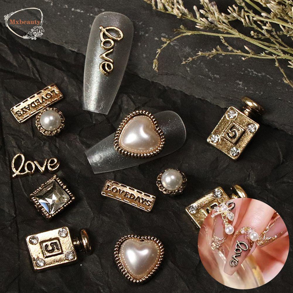 MXBEAUTY Dekorasi Nail Art Alfabet Inggris Gadis Mutiara Hati Cinta Tembaga Warna 3D Nail Art Berlian Imitasi