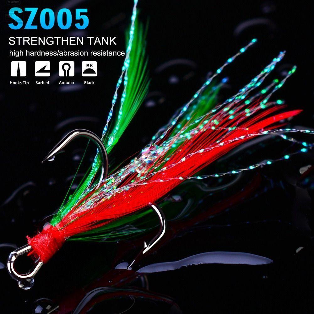 AUGUSTINA Bulu Agustina Treble Hook Isi10# 12# 14# Bass Bulu Pancing Liar Cod Lure Kait Kekuatan Tinggi Alat Pancing LuminousHook Kait Tiga Cakar