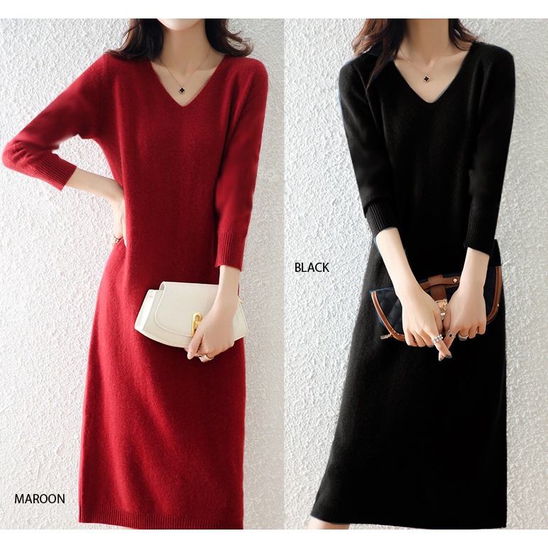 (D109) V neck knit midi loose dress rajut wanita