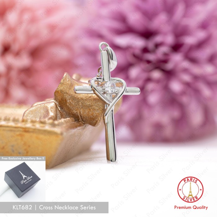 Kalung Liontin Salib Hati Perak Asli Silver 925 Lapis Emas Putih Bandul Love Salip Cewek Cowok