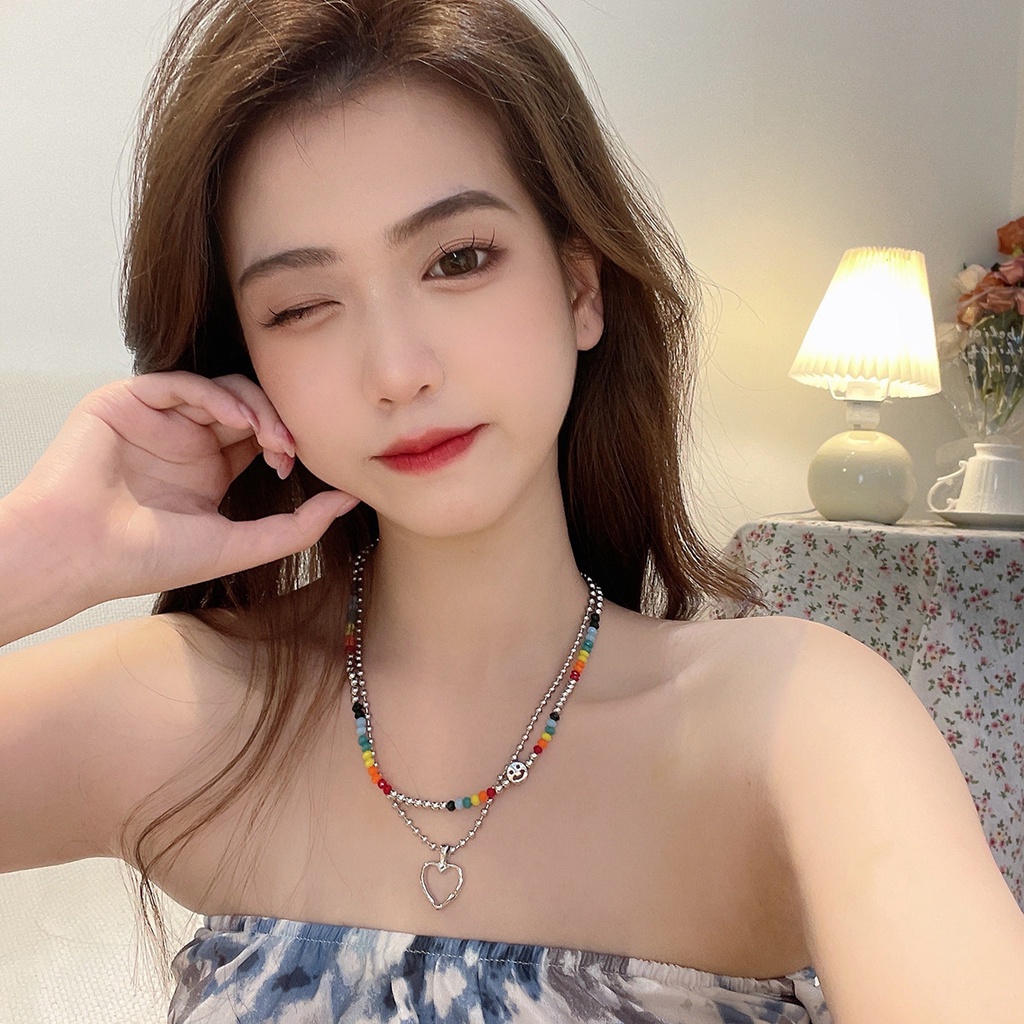 Manik-manik Bulat Kristal Smiley Face Cinta Hati Kalung 2-Piece Set Korea Sederhana Gadis Klavikula Rantai Unik Berkelas Kalung