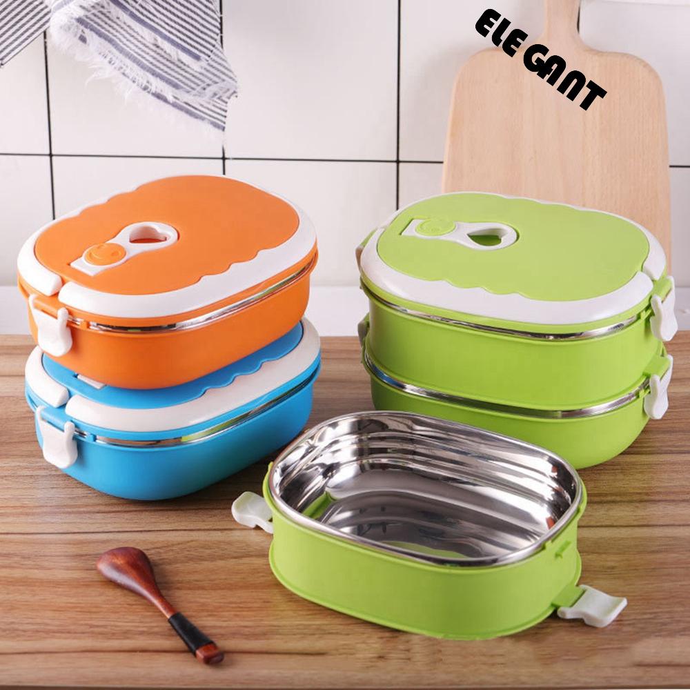 【 ELEGANT 】 Lunch Box Portable Untuk Anak Dewasa Sekolah Piknik Double Layer Kotak Penyimpanan304Sstainless Steel Tableware