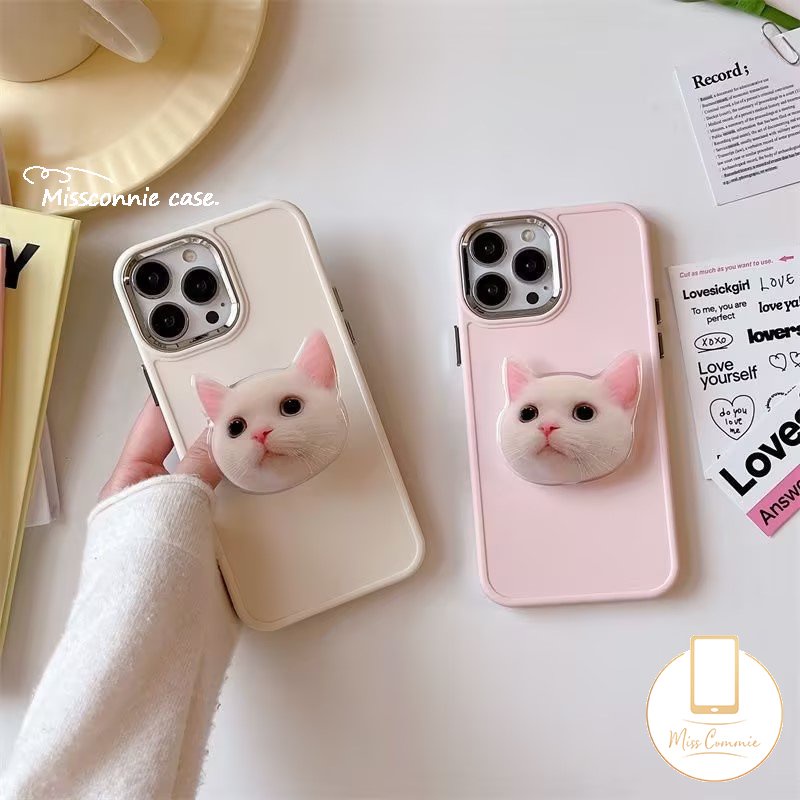 Casing Warna Solid Simple Plating Mewah Kompatibel Untuk IPhone 7plus X XR 11 14 13 12 Pro MAX 7 8 Plus XS MAX Frame Lensa Metal Soft Cover Dengan Braket Kucing Kitty Lucu