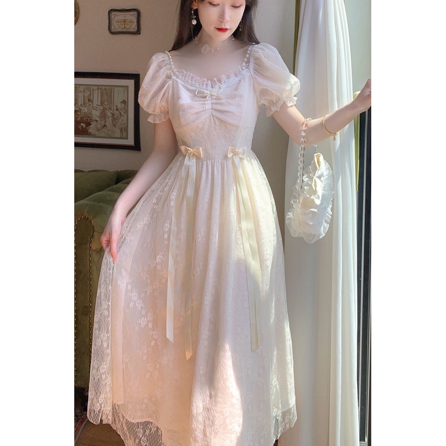 Midi Dress Wanita Prancis Yang Manis Puff Lengan Pendek Renda Dress