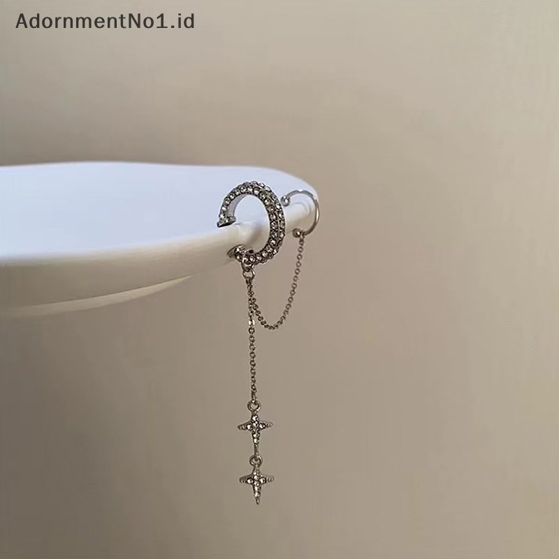 [AdornmentNo1] Shiny warna Silver kristal rumbai Non Cuff anting klip telinga untuk wanita berlian imitasi bintang perhiasan Cartilage palsu
