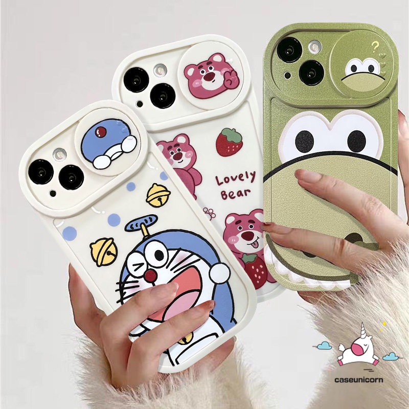 IPHONE Cute Strawberry Bear Manyo Pull Push Window Camera Protection Phone Case Kompatibel Untuk Iphone7 8 Plus 13 11 12 Pro MAX XR 7plus X XS MAX Kartun Dinosaurus Lucu Doraemon Soft Case