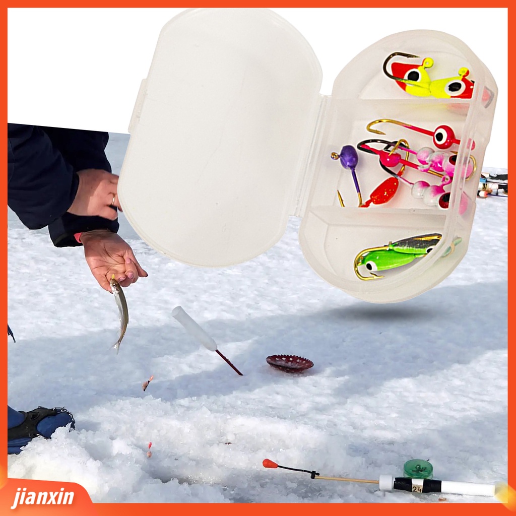 (In Stock) 1kotak Jig Pancing Es Kekuatan Baik Portabel Tahan Lama Penembus Kuat Tajam Angling Baja Karbon Tinggi Memancing Es Warna-Warni Memimpin Kepala Kait Kombinasi Untuk Danau