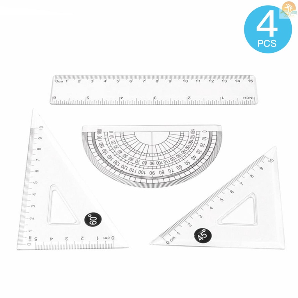 In Stock 4buah Set Penggaris Alat Geometri Matematika Bahan Plastik Bening Termasuk Penggaris Lurus 6-inci &amp; 2pcs Penggaris Segitiga &amp; Busur Derajat Untuk Perlengkapan Siswa Sekolah Kantor