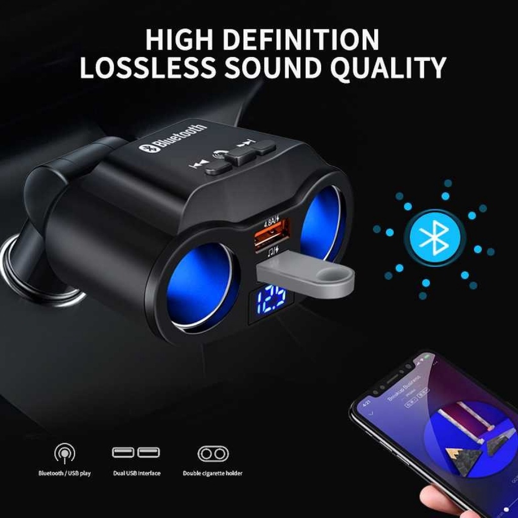 Car Charger Mobil 2 USB Port 2 Lighter Plug Bluetooth LCD Universal