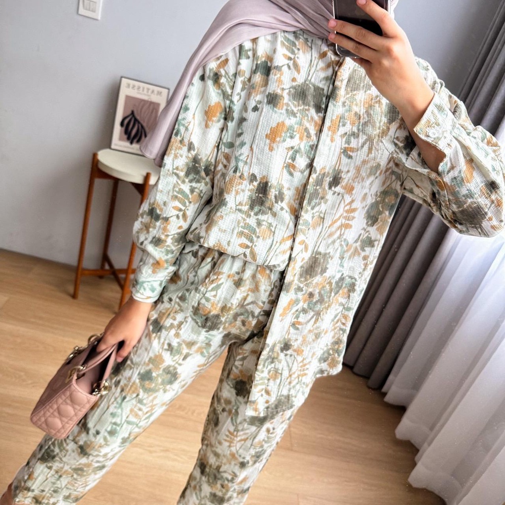 Oclo Shatrin Set pakaian wanita setelan crinkle flower premium basic casual daily wear