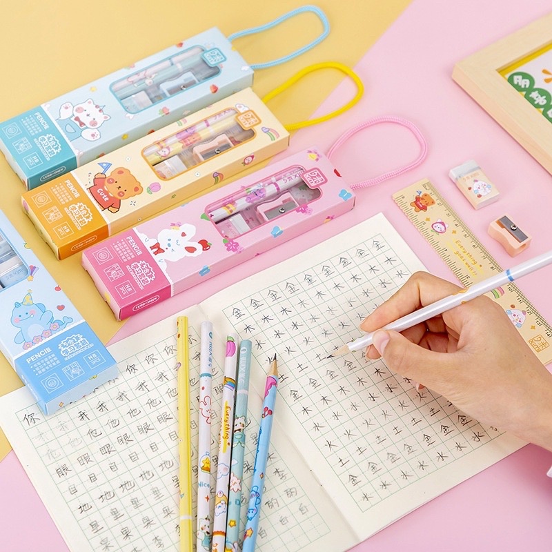 JOS1528 Pensil Set Kotak Isi 5 Pcs Alat Tulis Set Karakter Lucu