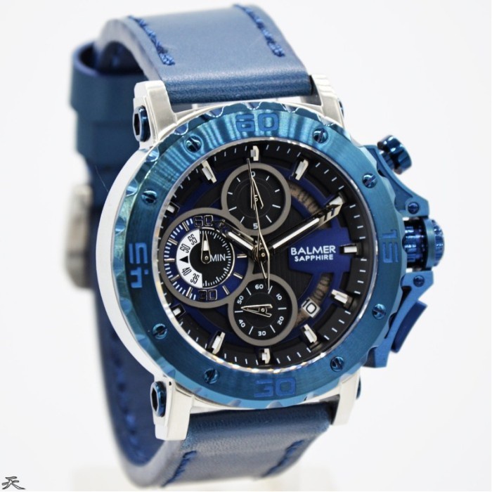 Original 100% Jam Tangan Pria Balmer 7975 B.7975 B-7975MC Blue silver Kulit Chonograph Sapphire Gara