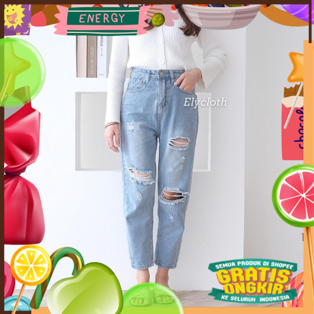 ELYCLOTH | CHLOE JEANS | CELANA PANJANG RIPPED JEANS HIGH WAIST WANITA PREMIUM IMPORT/ Merah Pink Hi