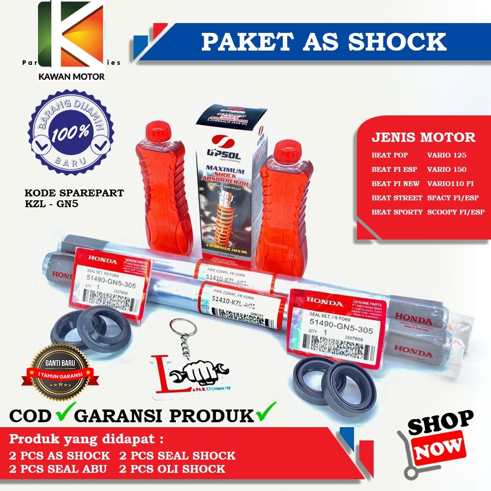 PAKET AS SHOCK SET DEPAN BEAT FI/ESP, VARIO 125, VARIO 150, GENIO, BEAT NEW, SCOOPY FI, VARIO 110 FI