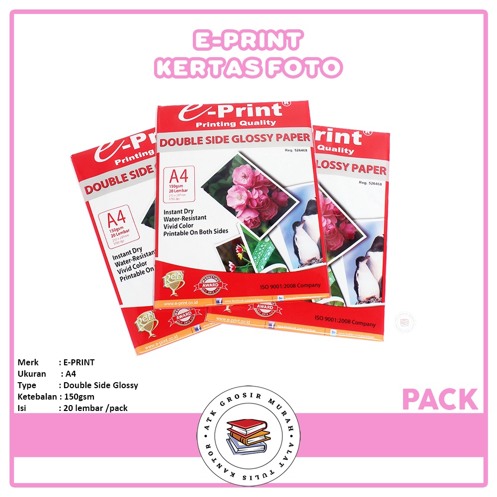 

E-PRINT - Photo Paper Glossy Double Side A4 150gsm 20S - Pack
