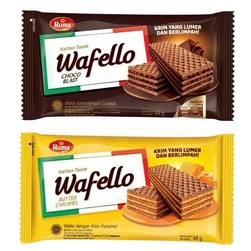 

Roma Wafello Wafer Choco Blast dan Butter Caramel 37gr Wafer Lumer - 1 dus isi 60 pcs