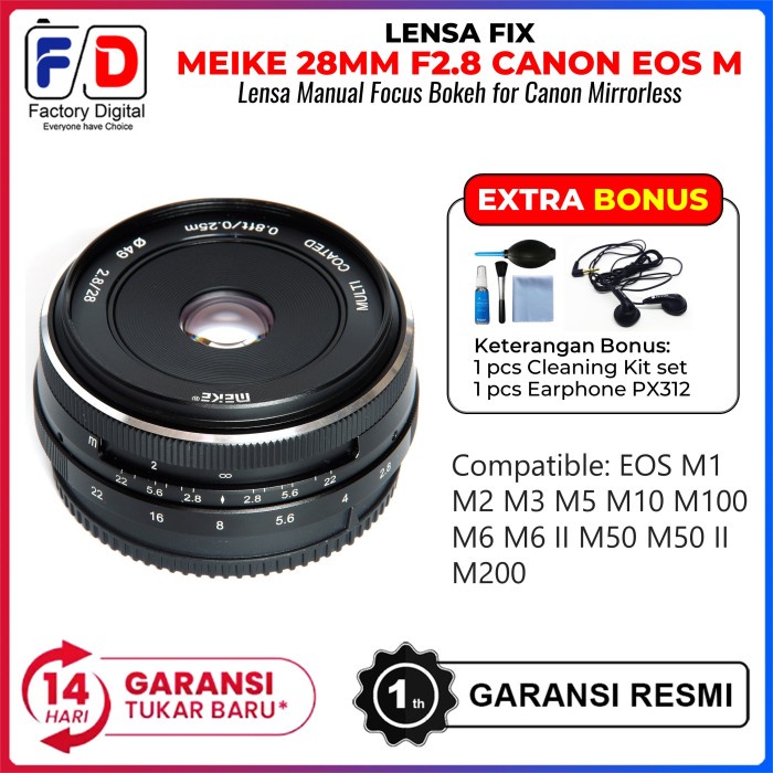 Meike 28mm F2.8 Lensa Fix Manual Focus for Canon EOS M10 M100 M200 M50