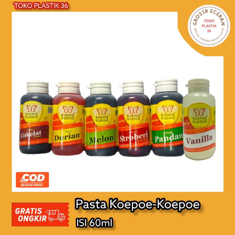 

TokoPlastik36 - Koepoe-Koepoe Pasta 60ml - Bahan Tambahan Pangan Campuran Perisa dan Pewarna - Pasta Cokelat - Pasta Durian - Pasta Melon - Pasta Stroberi - Pasta Pandan - Pasta Vanilla