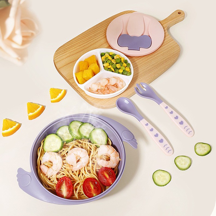 Hophop Peralatan Tempat Makan Bayi Sekat Set Tutup Sendok Garpu Dan Suction Sillicone