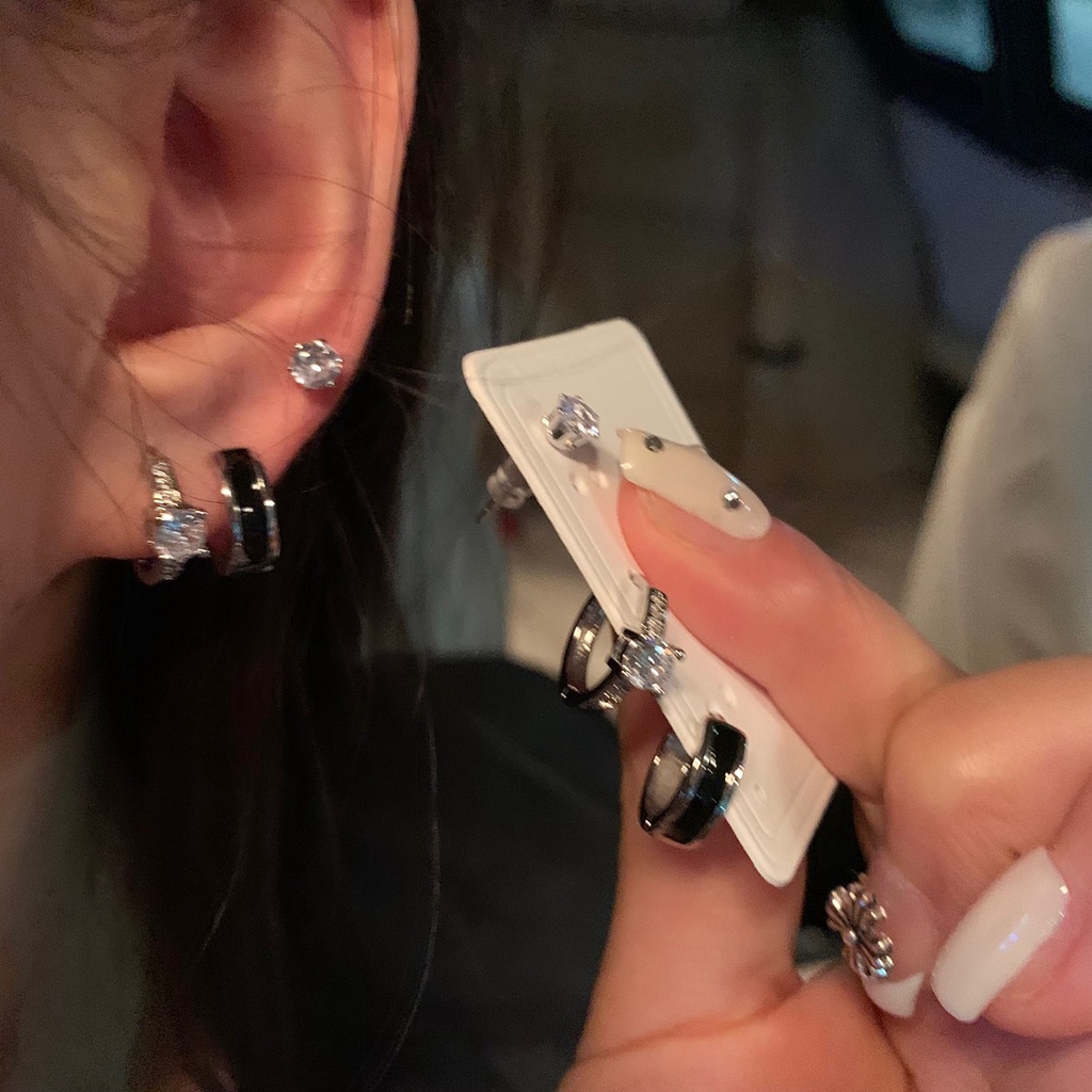 AY(CN) Ay (CN) 6Pcs/Set Anting Hoop Hitam Set Anting Simple Kristal Silver Untuk Aksesoris Perhiasan Wanita