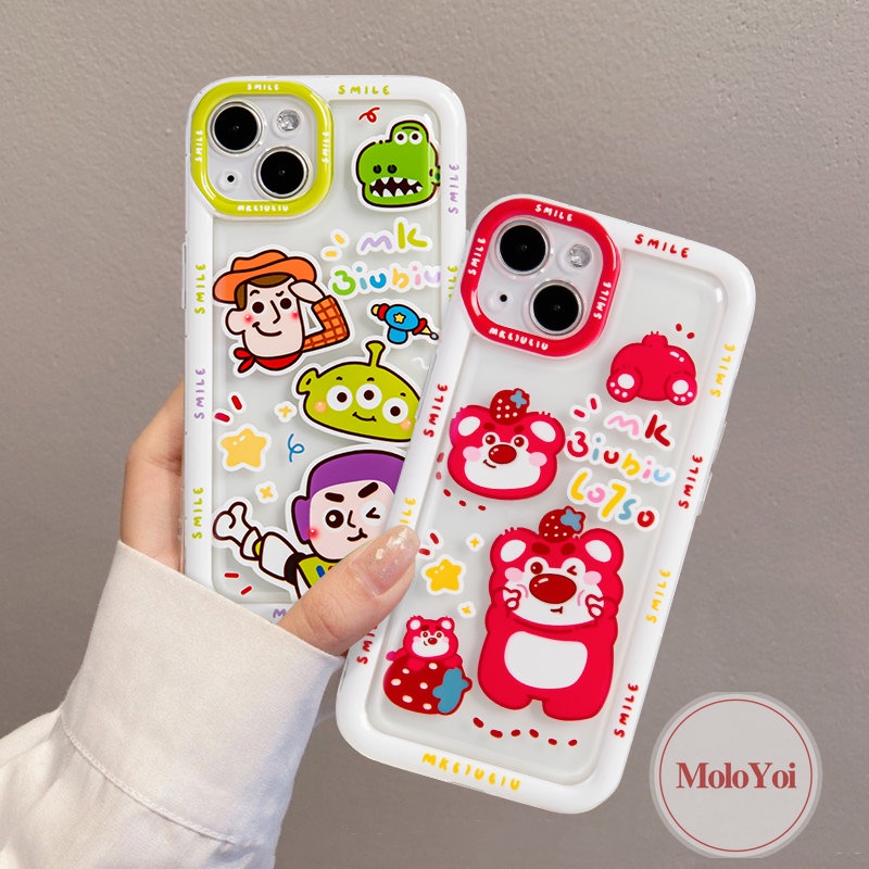 IPHONE Case Manyo Beruang Strawberry Kompatibel Untuk Iphone14 11 13 12 Pro MAX XR 7Plus X XS MAX 6 7 8 6S Plus SE 2020 Kartun Toy Story Buzz Lightyear Alien Airbag Shockproof Soft Cover