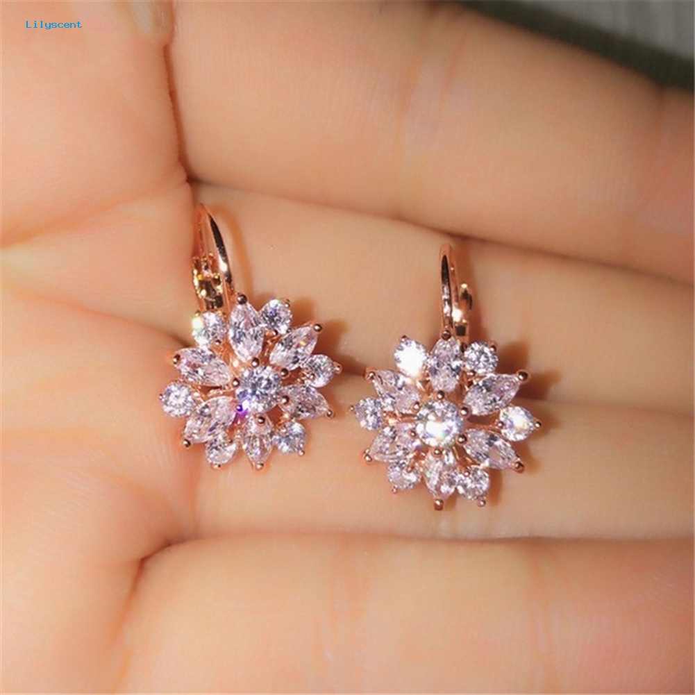 Lilyscent Cubic Zirconia Hias Bunga Matahari Menjuntai Leverback Anting Chic Lady Perhiasan Hadiah