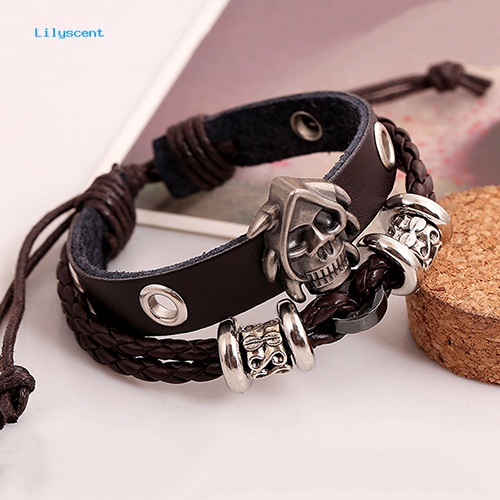 Lilyscent Pria /'s Wanita Fashion Punk Tengkorak Dikepang Kulit Imitasi Multilayer Handmade Gelang