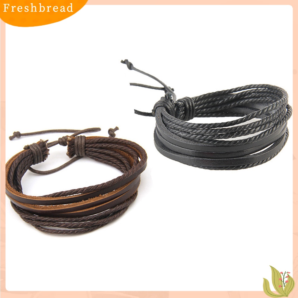 &lt; Freshbread &gt; Fashion Unisex Multi-layer Kulit Imitasi Dikepang Tali Gelang Bangle Pergelangan Tangan Hadiah