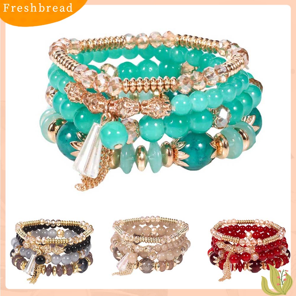 &lt; Freshbread &gt; 4Pcs/Set Boho Faux Agate Mutiara Rumbai Rantai Pesona Manik-Manik Gelang Wanita Perhiasan