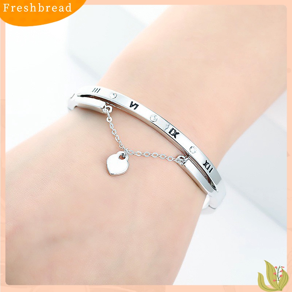 &lt; Freshbread &gt; Fashion Wanita Angka Romawi Craved Heart Pendant Chain Bracelet Charm Bangle