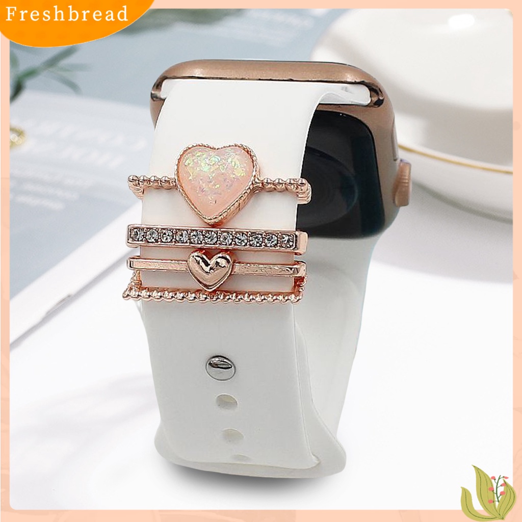 &lt; Freshbread &gt; 4Pcs Watch Band Dekorasi Rings Pesona Logam Berlian Imitasi Mengkilap Hias Berkilau Geometris Hadiah Valentine Bentuk Hati Silikon Watch Strap Bracelets