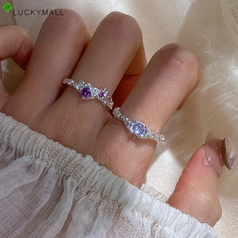 2 Pcs Fashion Ungu Batu Permata Jari Cincin Set Untuk Wanita Elegan Perhiasan Cincin Perak Aceessories