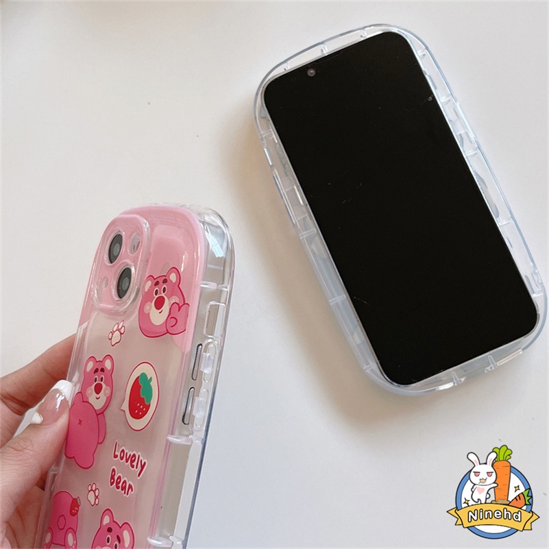 IPHONE Casing Kompatibel Untuk Iphone14 13 12 11 Pro Max X Xr Xs Max8 7 6 6s Plus Kartun Lucu Strawberry Bear Phone Case Clear Airbag Cushion Silikon Tebal Shockproof Cover Pelindung